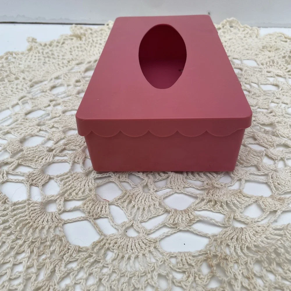 Vintage Pink Plastic Tissue Box Holder Hinged Lid Scalloped Edges granny core